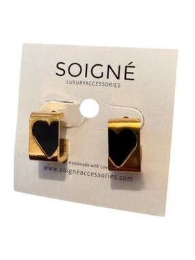 Soigné Heart Blocked Hoops Gold Black Enamel NWT